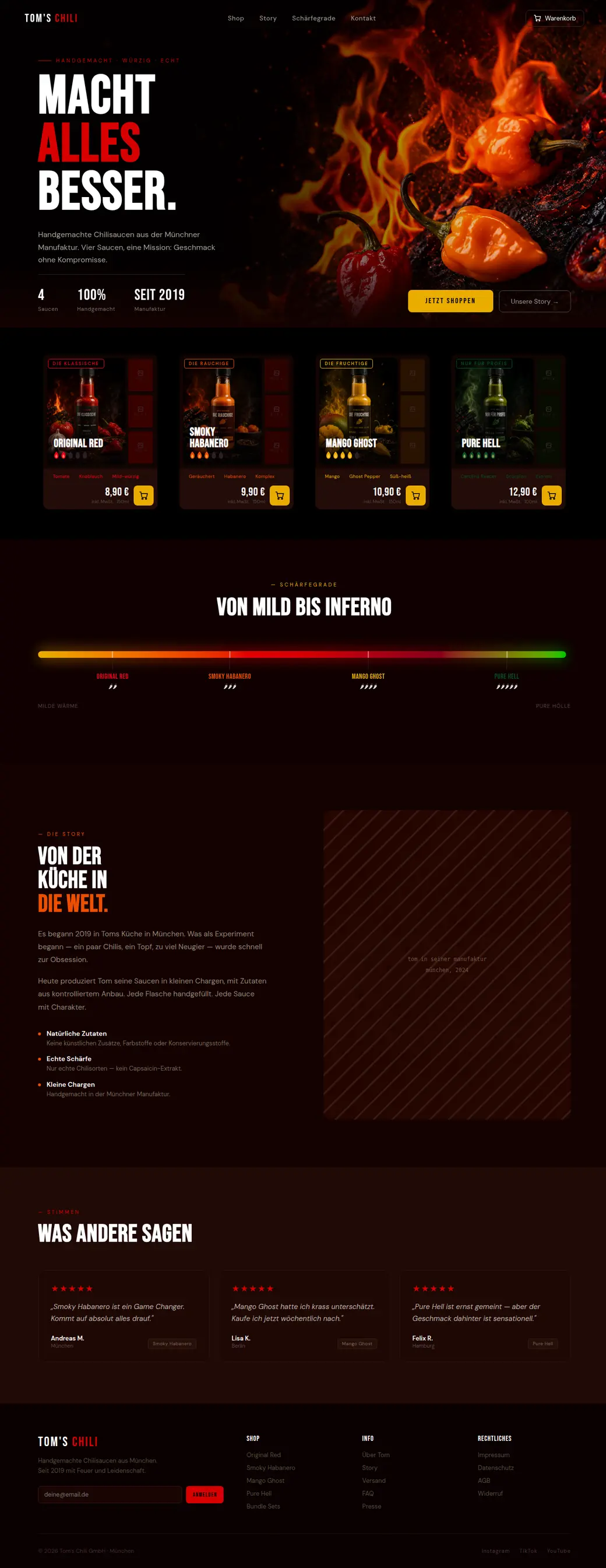 tom's chili: Muster-Website für eine Manufaktur — ganze Startseite